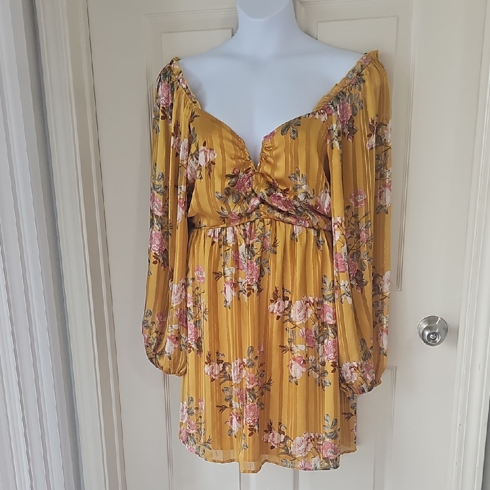 Forever 21 Mustard Floral Long Sleeve Dress